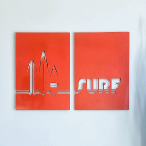 Surboards and retro bright orange wall poster artwork 