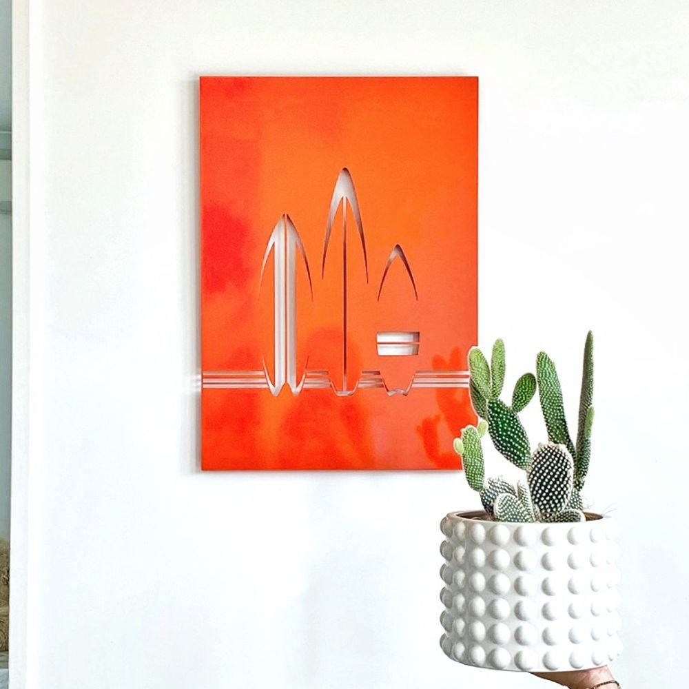 Surf board retro wall art in New Zealand home. 