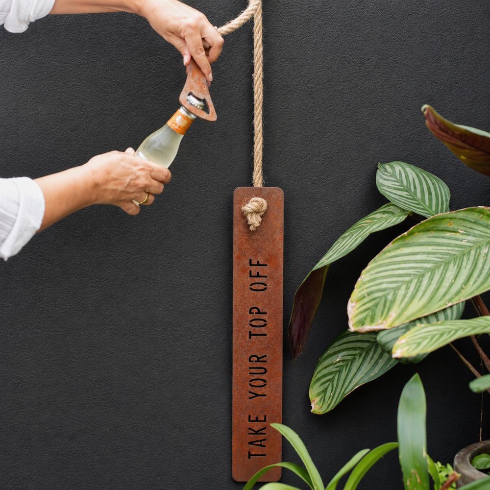 Take Your Top Off corten steel wall-mounted bottle opener by LisaSarah