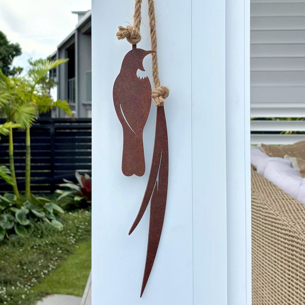 Tui wall art NZ, corten steel tui garden art, NZ made metal bird wall decor for outdoor walls, fences and gardens