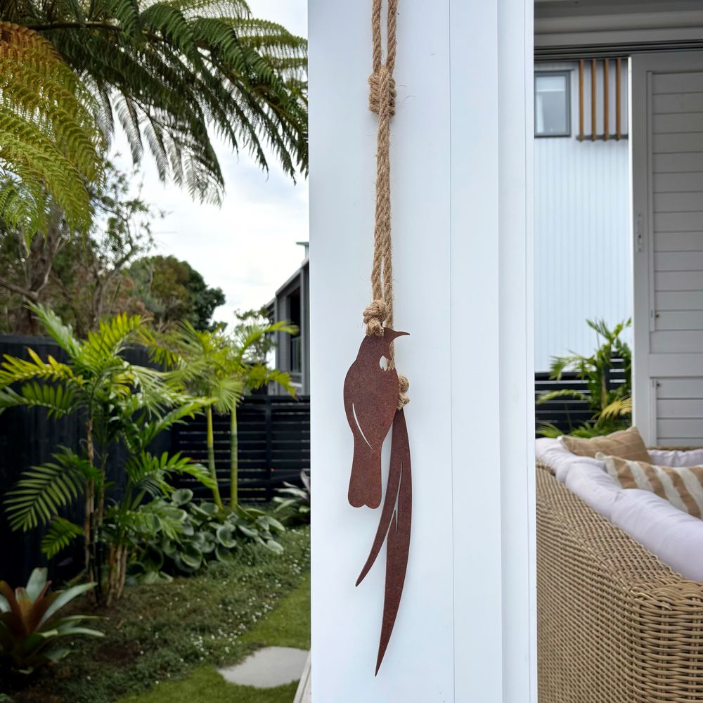 Tui wall art NZ, corten steel tui garden art, NZ made metal bird wall decor for outdoor walls, fences and gardens