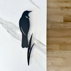 Contemporary New Zealand tui silhouette wall hanging in aluminium