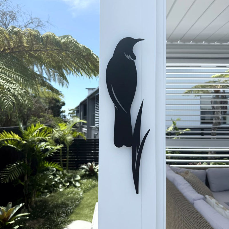 Matt black tui and flax metal wall art installed outdoors on a patio wall in New Zealand