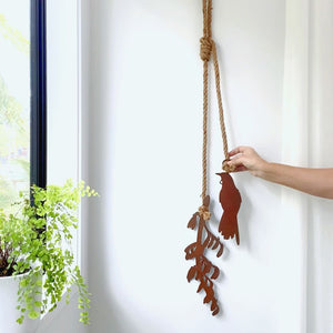 New Zealand corten steel wall art featuring a tūī bird with flax — outdoor garden hanging decor
