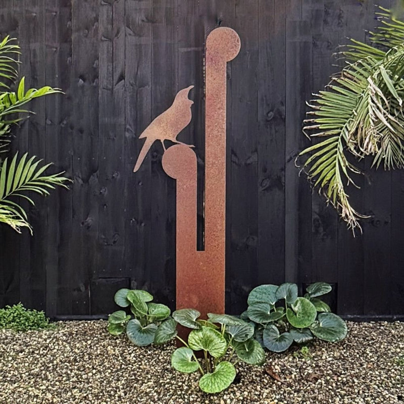 Garden Art New Zealand - Tui on korus corten steel by LisaSarah Steel Designs