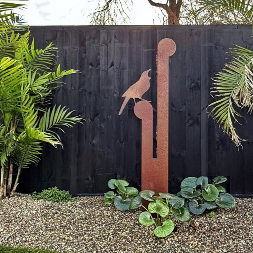 Garden Art New Zealand - Tui on korus corten steel by LisaSarah Steel Designs