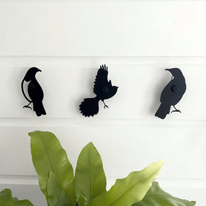 NZ made black steel bird decorative wall hooks for outdoors