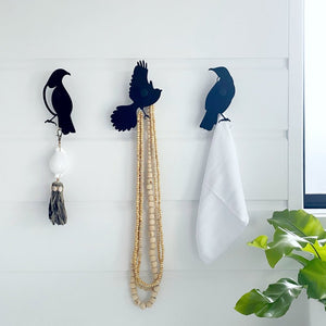 NZ Made bird art wall hooks for indoors and outdoors by NZ Designer LisaSarah Steel Designs