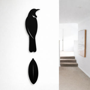 Tui and simple leaf metal wall art in 3mm matte black aluminium, NZ made bird silhouette decor for indoor and outdoor use
