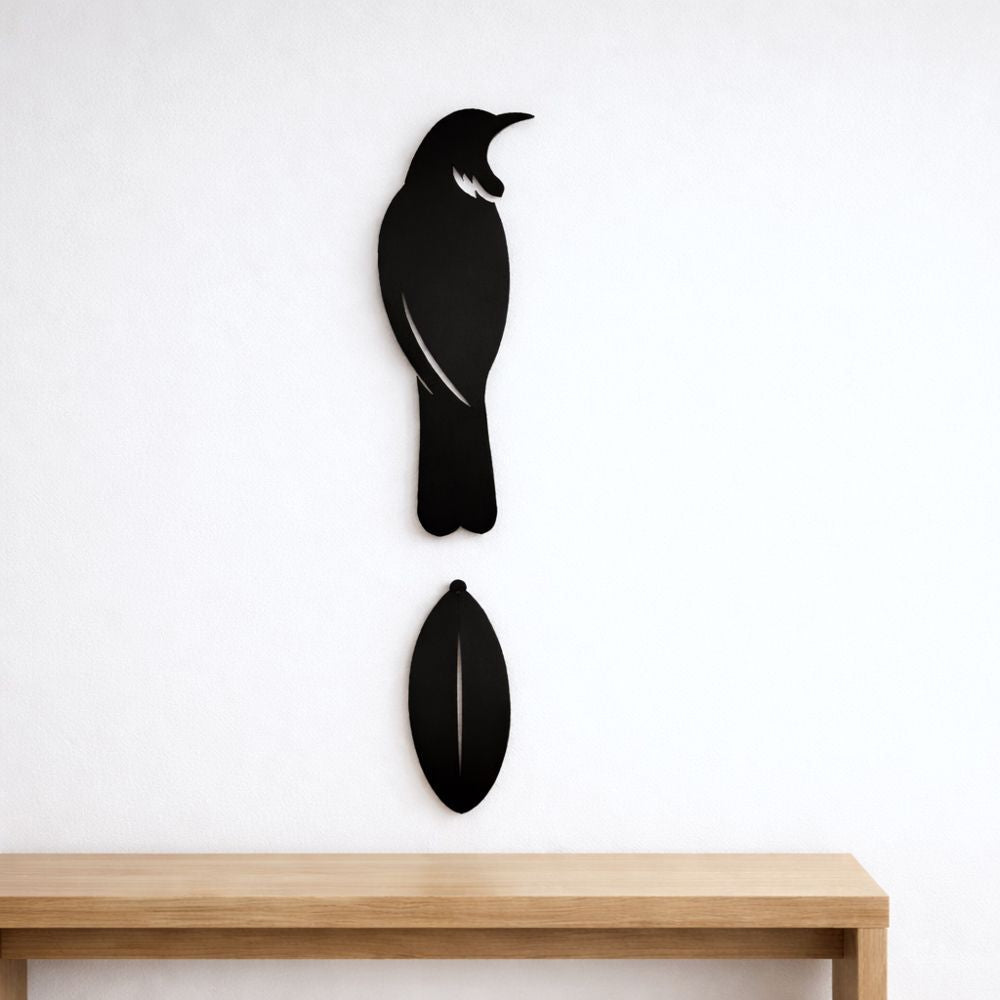 Tui and simple leaf metal wall art in 3mm matte black aluminium, NZ made bird silhouette decor for indoor and outdoor use