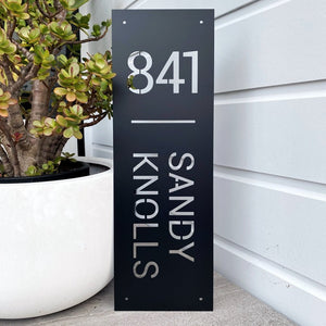 Vertical black metal personalised address sign Australia