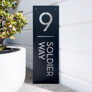 Modern NZ made black steel address plaque.  Personalised sign. 
