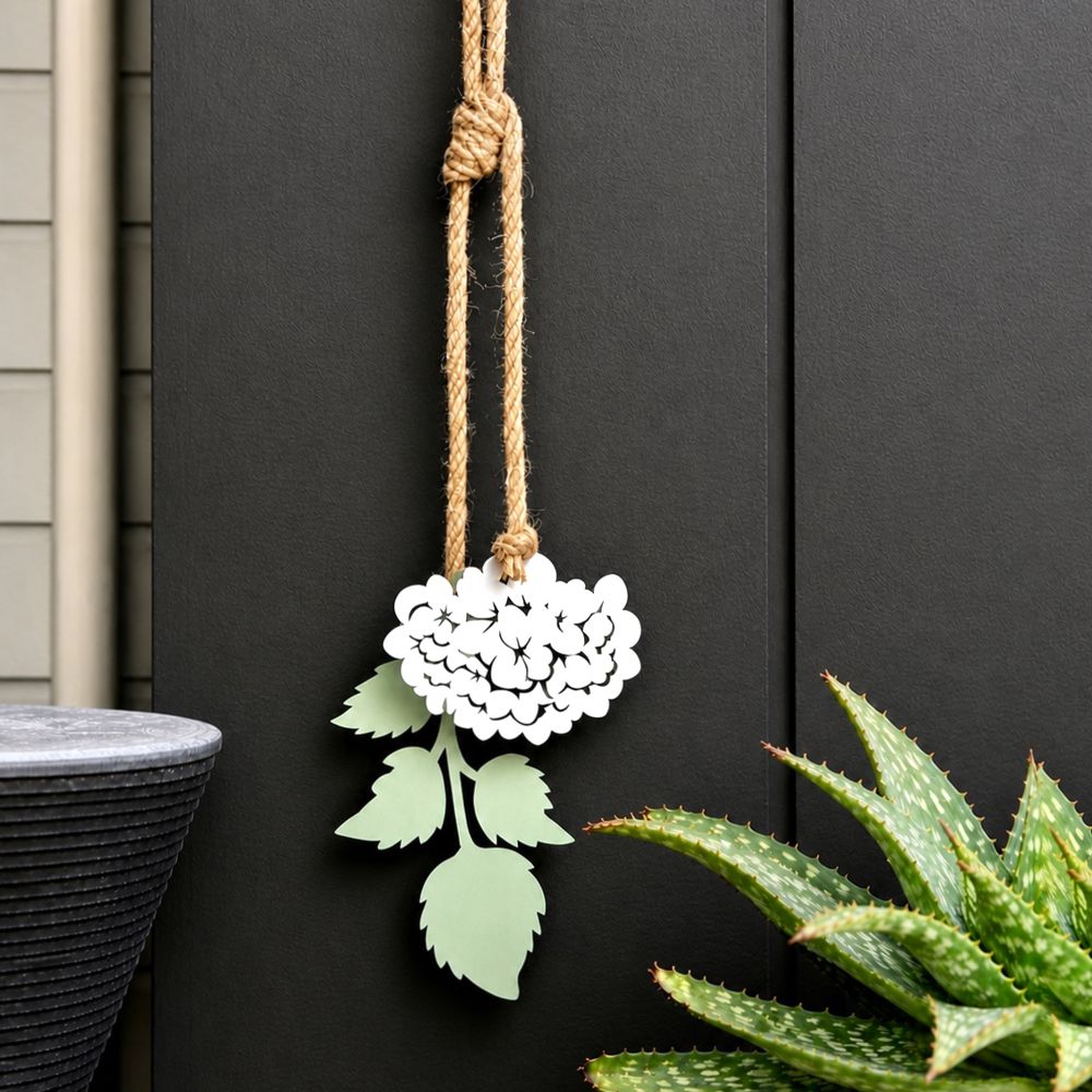 White hydrangea flower with sage green leaves, steel wall hanging on rope, New Zealand made