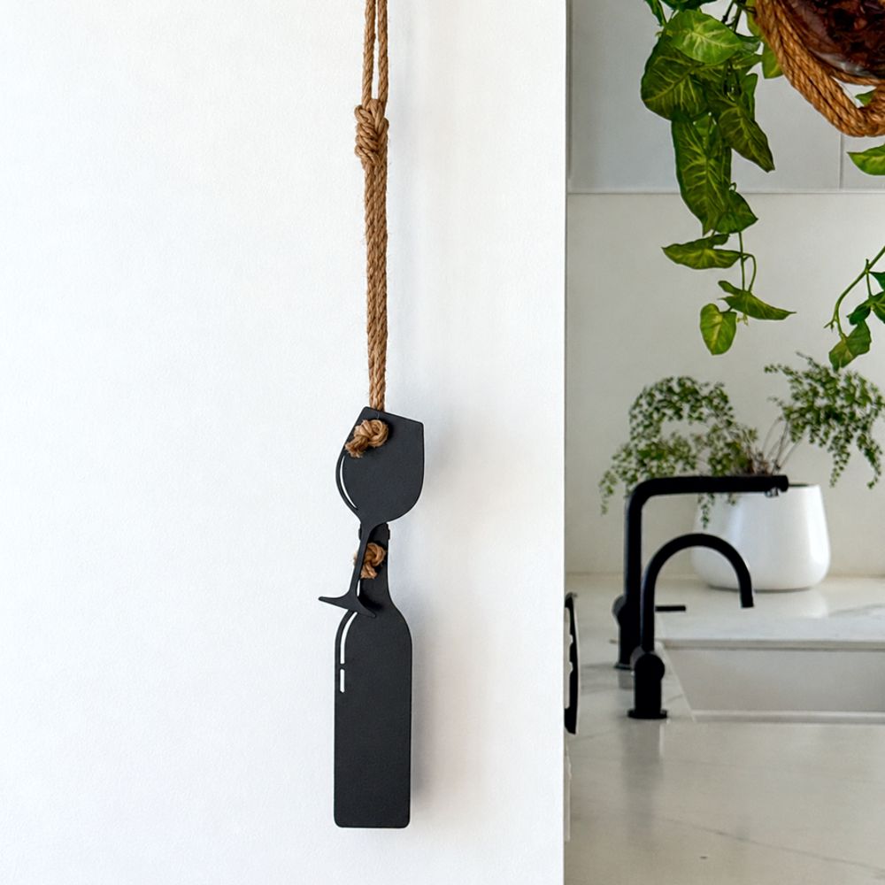 Wine bottle and glass wall hanging in matt black steel on jute rope, NZ made gift by LisaSarah