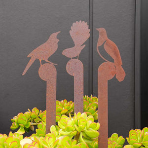 Metalbird.  Corten kereru, fantail + tui garden stakes set - LisaSarah Steel Designs NZ