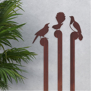 Corten kereru, fantail + tui garden stakes set - LisaSarah Steel Designs NZ