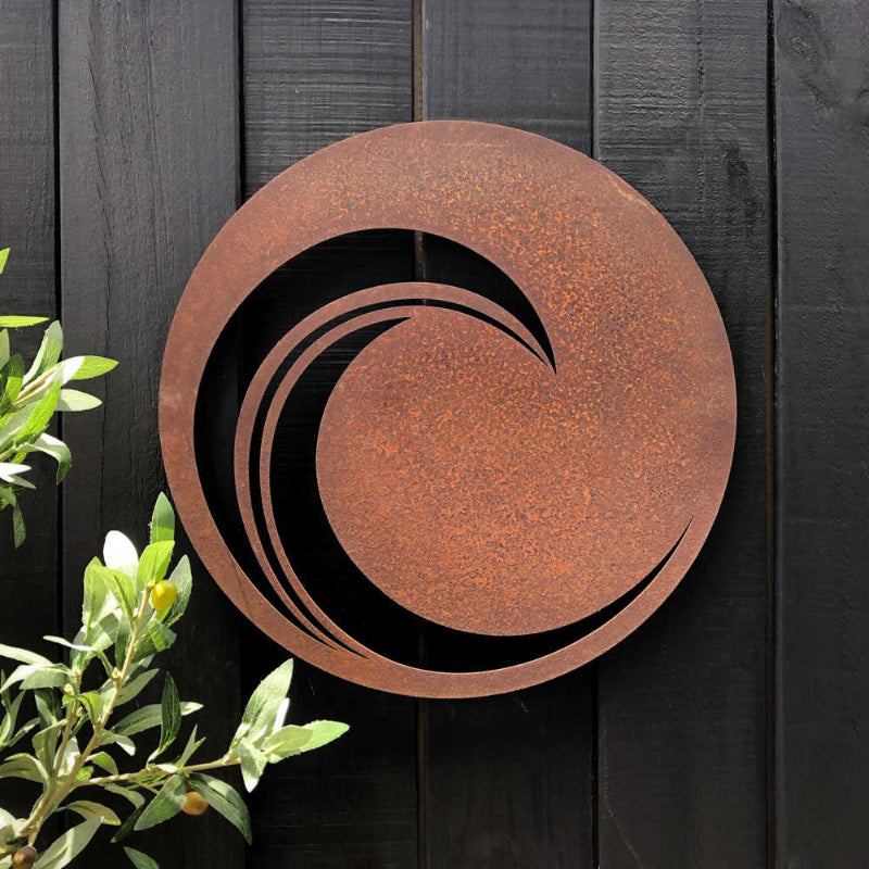 Outdoor wall art in corten steel – NZ-made weatherproof design for garden or exterior décor, ideal New Zealand gift