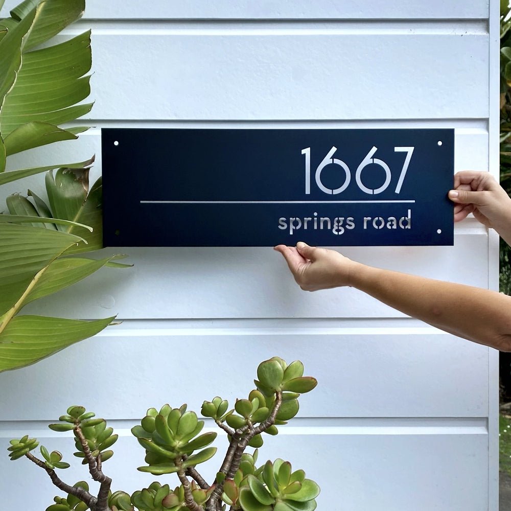 Designer custom address sign in NZ – modern house number plaque by LisaSarah, handcrafted in steel for coastal homes and urban exteriors