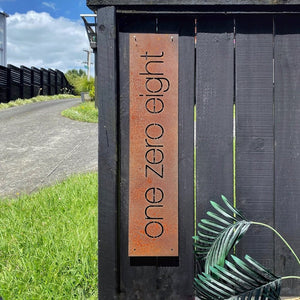 Corten steel NZ made custom steel address sign for home.