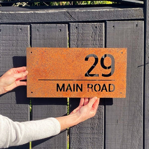 Corten NZ made address sign for house