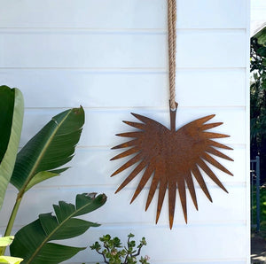 Extra large corten steel garden art for large wall NZ.  Falm Palm tropical art for outdoors. 