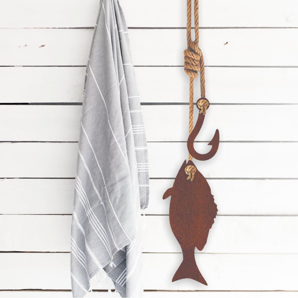 corten Fish & Hook wall hanging - LisaSarah Steel Designs NZ