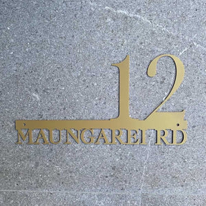 NZ made gold steel floating house number sign