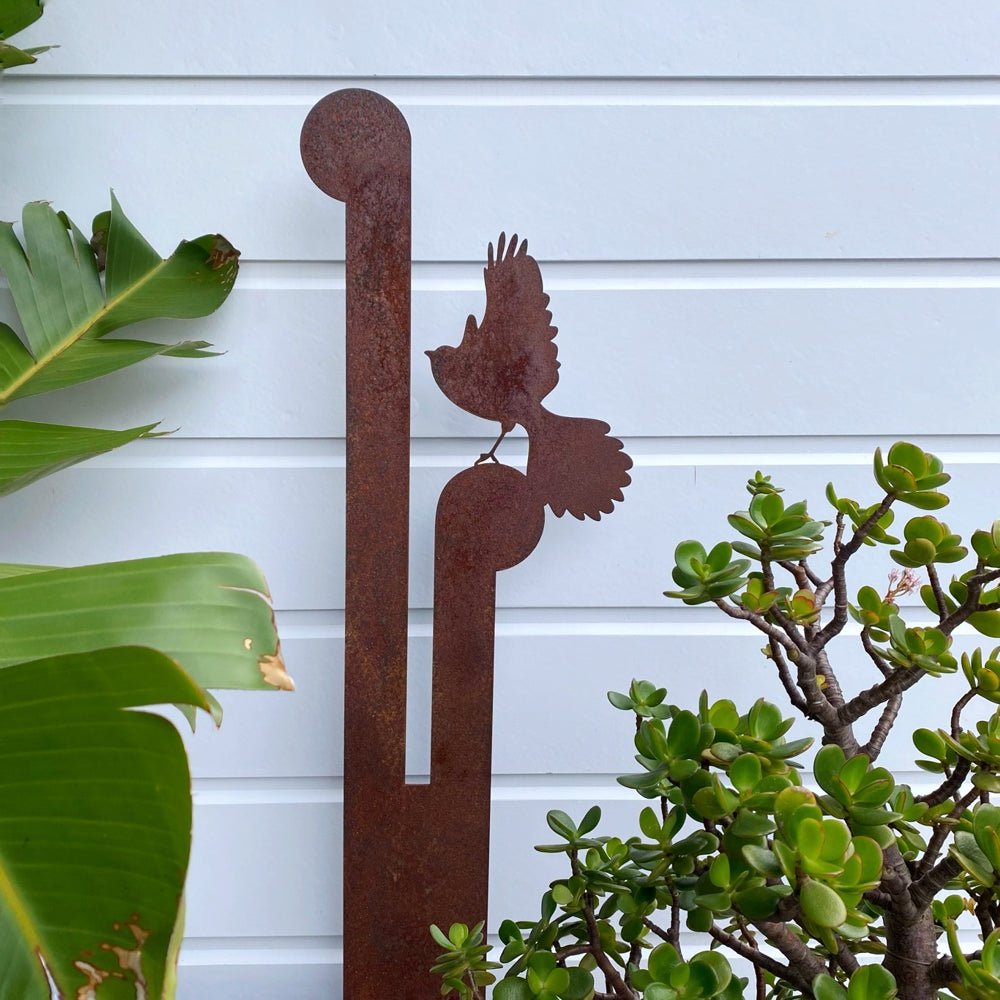 NZ native fantail piwakawaka corten steel garden art stake.  NZ made by LisaSarah Steel Designs