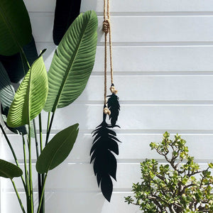 Hanging feathers, black with NATURAL rope (REGULAR) - LisaSarah Steel Designs NZ