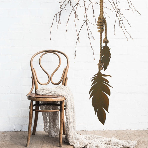 Hanging feathers, CORTEN outdoor garden wall art NZ LisaSarah Steel Designs NZ