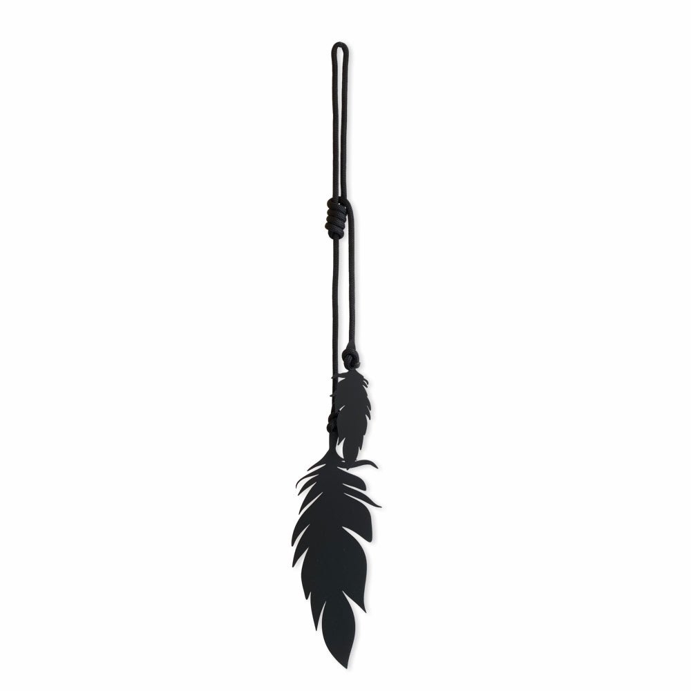 Hanging feathers REG (black) with black rope. Outdoor wall decor ideas. LisaSarah Steel Designs NZ