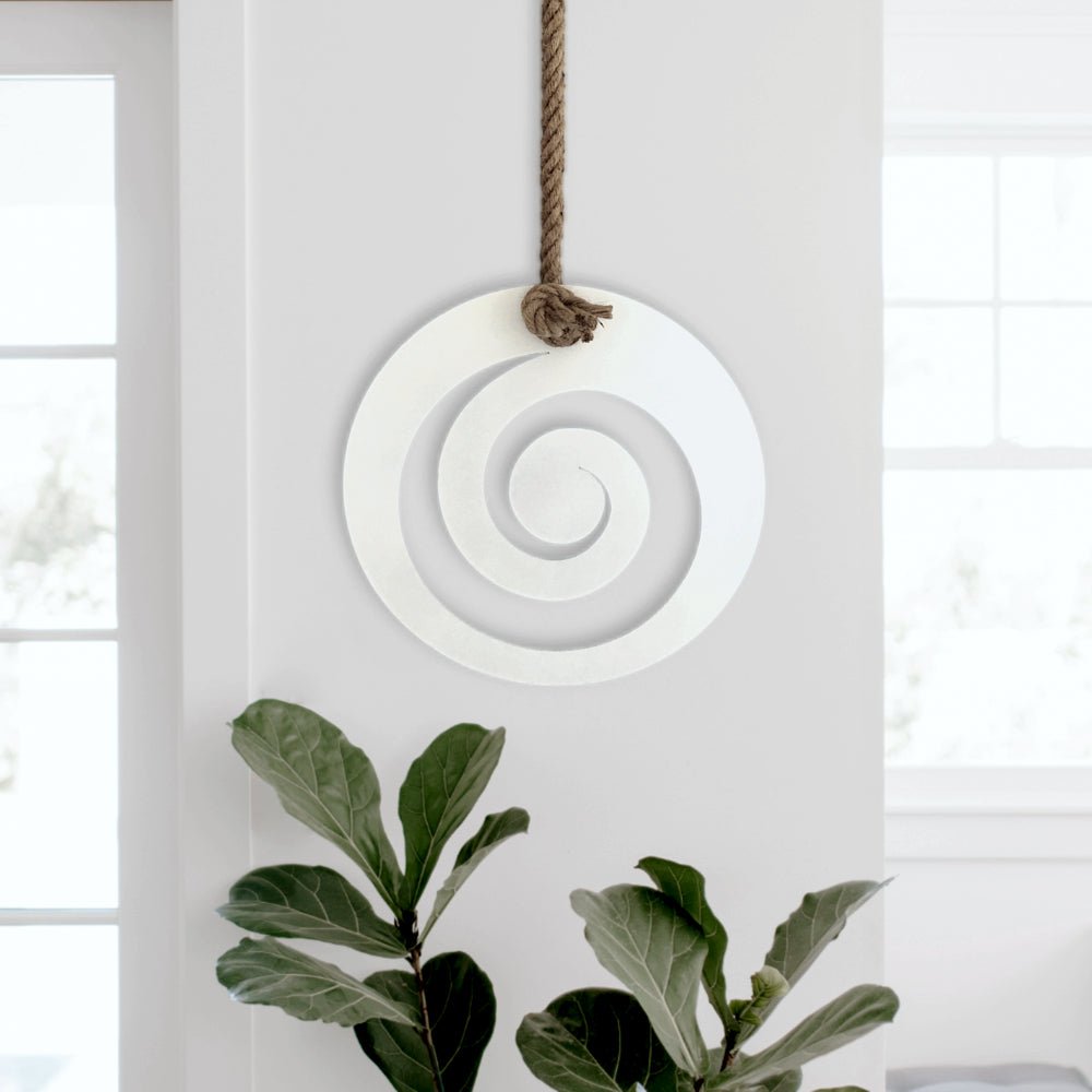 Hanging koru in white - LisaSarah Steel Designs NZ