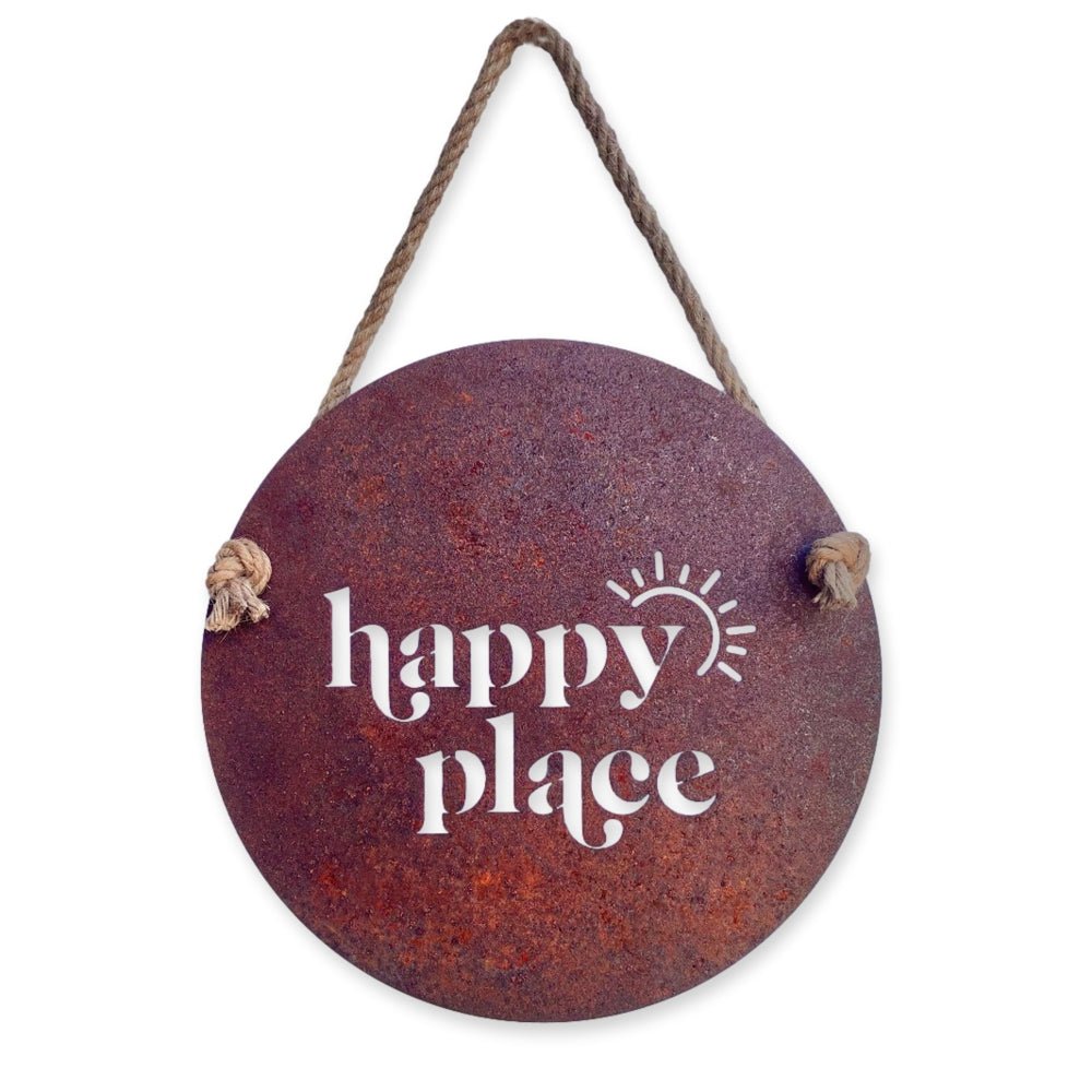 Happy Place rusting corten steel outdoor wall sign NZ made. 