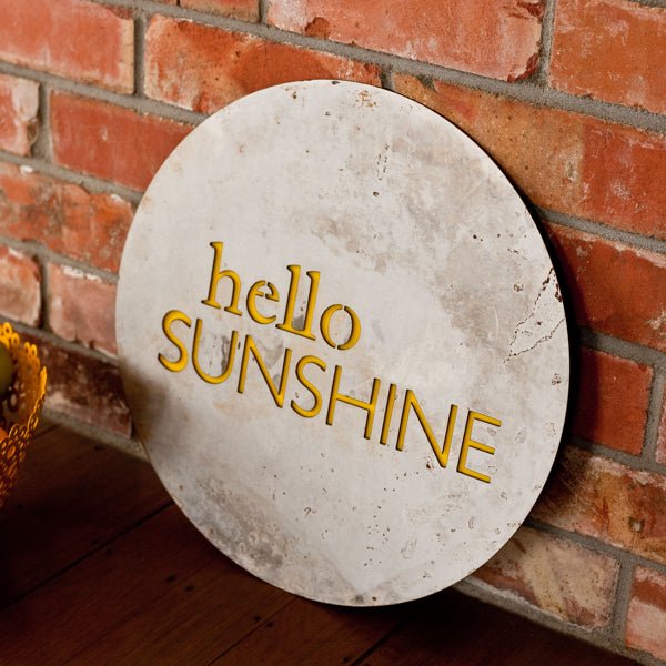 Hello Sunshine corten steel wall art – NZ outdoor sculpture with yellow acrylic