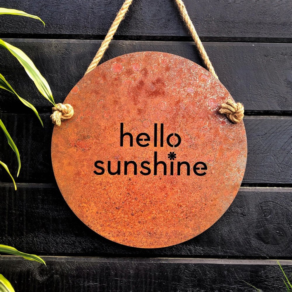 NZ made hello sunshine art for outdoor walls for front door, patio space. 