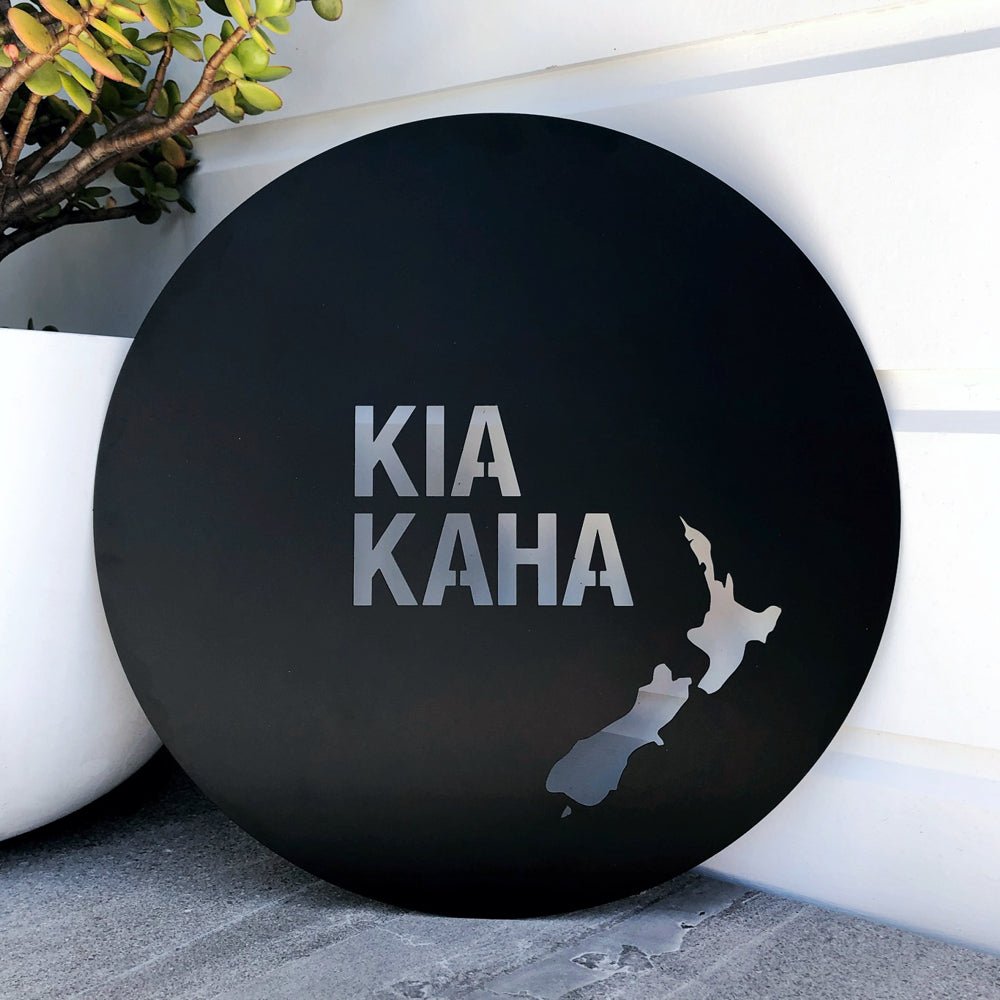 Kia Kaha round Maori inspired NZ wall art for outdoors. 