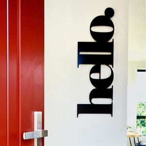 Outdoor wall Art for front door. Large black metal hello word in front entrance of NZ home. 