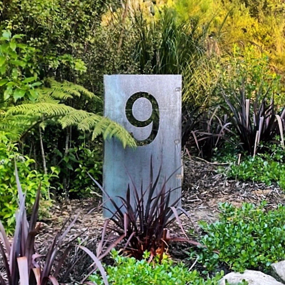 Free standing House Number Sign. Large in ground corten steel custom house number stake - LisaSarah Steel Designs NZ