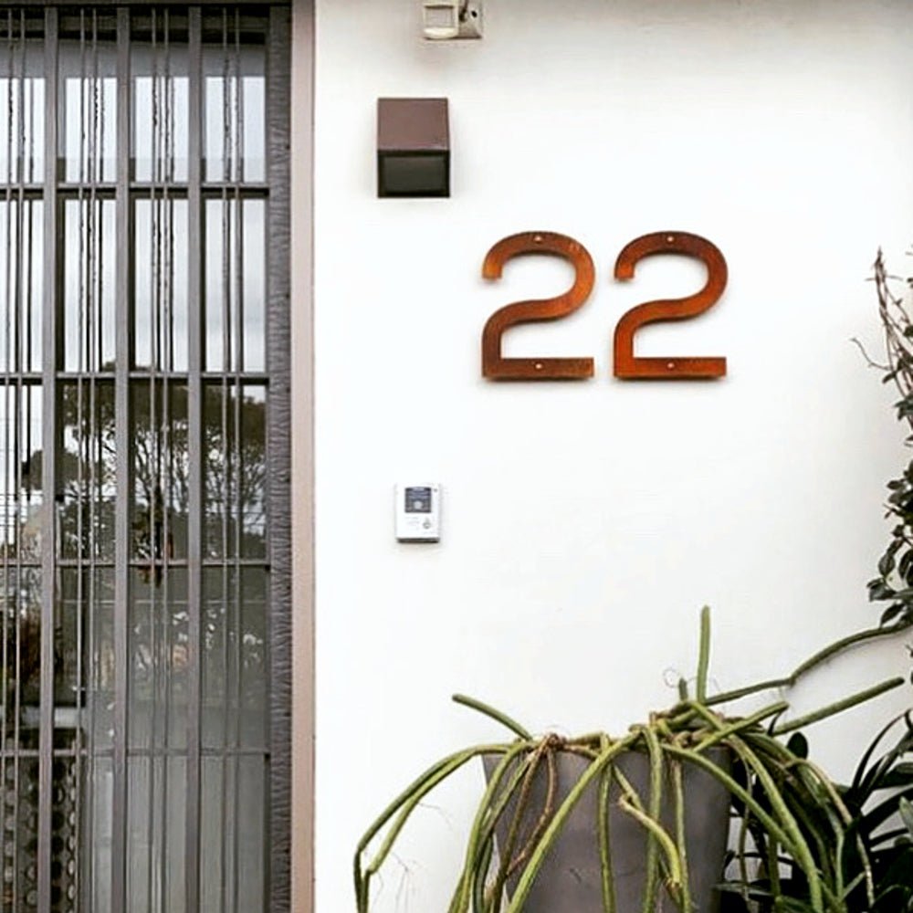 Extra large custom made corten steel House Numbers.  Made to order in NZ for New Zealand, Australia and worldwide shipping. 