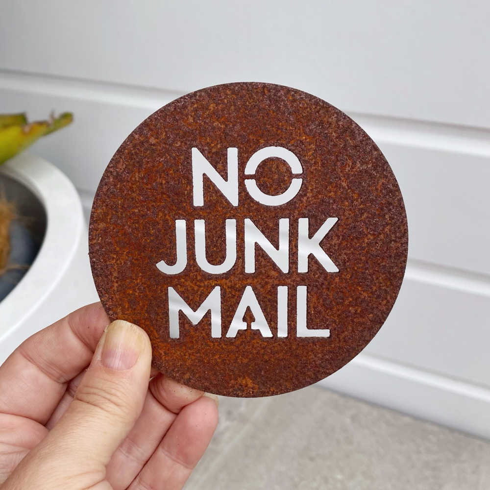 No Junk Mail corten steel sign for letterbox NZ. Designer