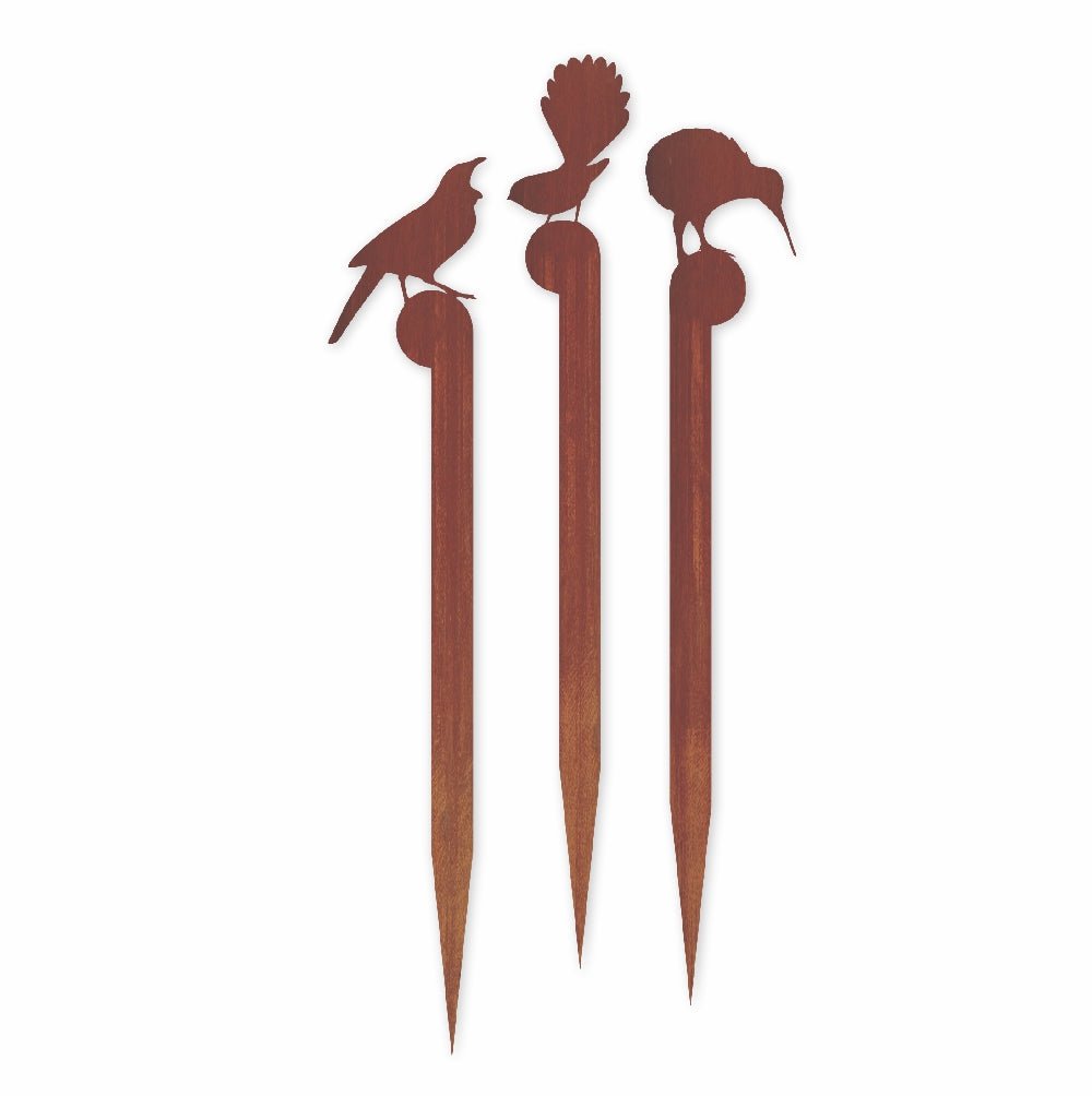 NZ corten garden metalbird stakes kiwi, fantail & tui garden stakes set - LisaSarah Steel Designs NZ