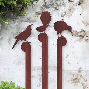 NZ corten metal bird stakes kiwi, fantail & tui garden stakes set - LisaSarah Steel Designs NZ