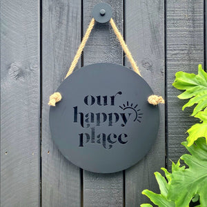 Our Happy Place wall art for exterior walls.  Waterproof wall art by LisaSarah Steel Designs NZ