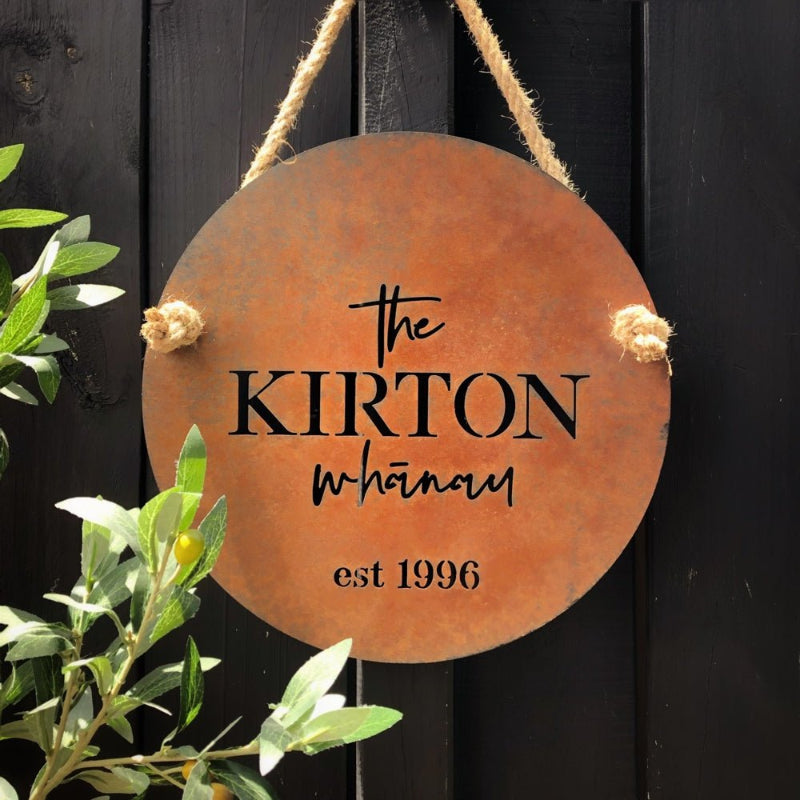 Custom corten steel family name sign - personalised metal wall sign made in New Zealand.