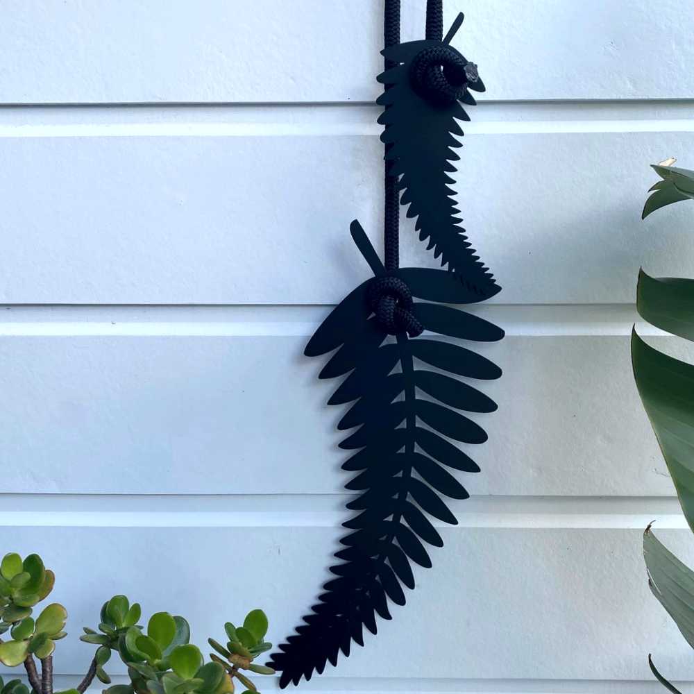 Silver fern wall decor, BLACK with BLACK rope - LisaSarah Steel Designs NZ