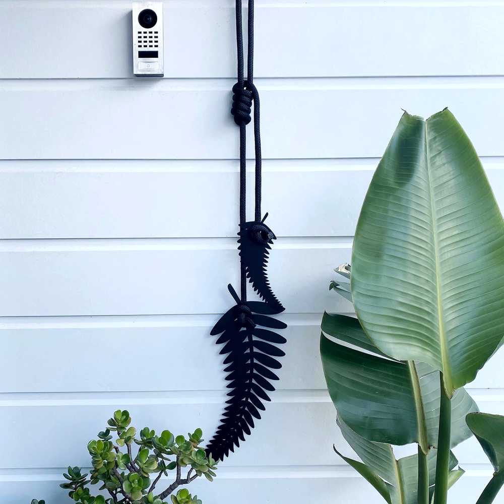 Silver fern wall decor, BLACK with BLACK rope - LisaSarah Steel Designs NZ
