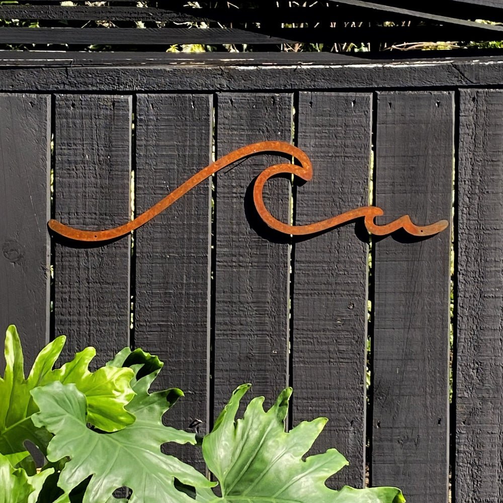 Simple corten steel wave art for outdoor garden wall NZ 