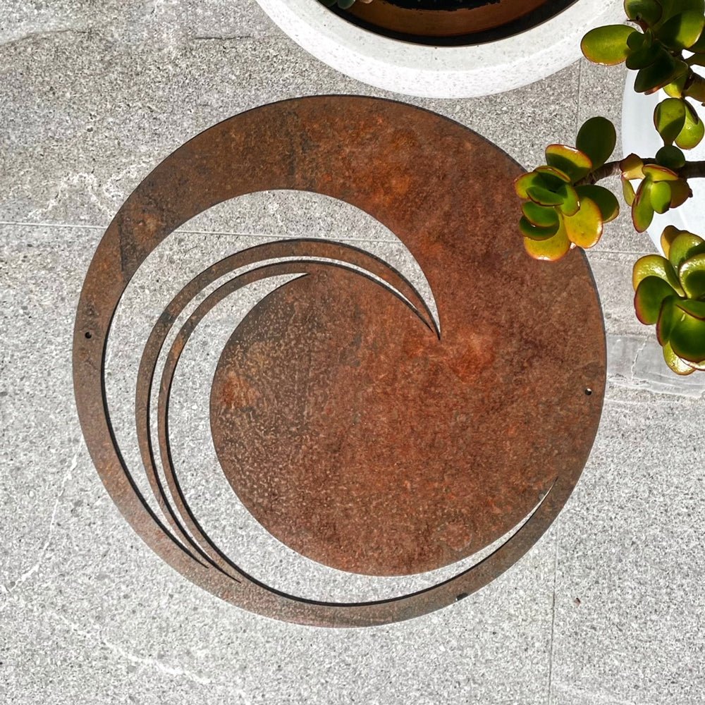 Outdoor wall art in corten steel – NZ-made weatherproof design for garden or exterior décor, ideal New Zealand gift