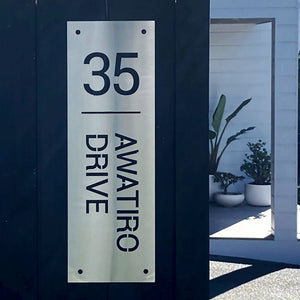 Marine grade 316 brushed stainless steel custom address sign for house NZ.