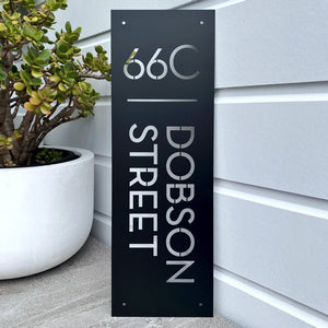 Black modern Metal Address Signs NZ. LisaSarah Steel.